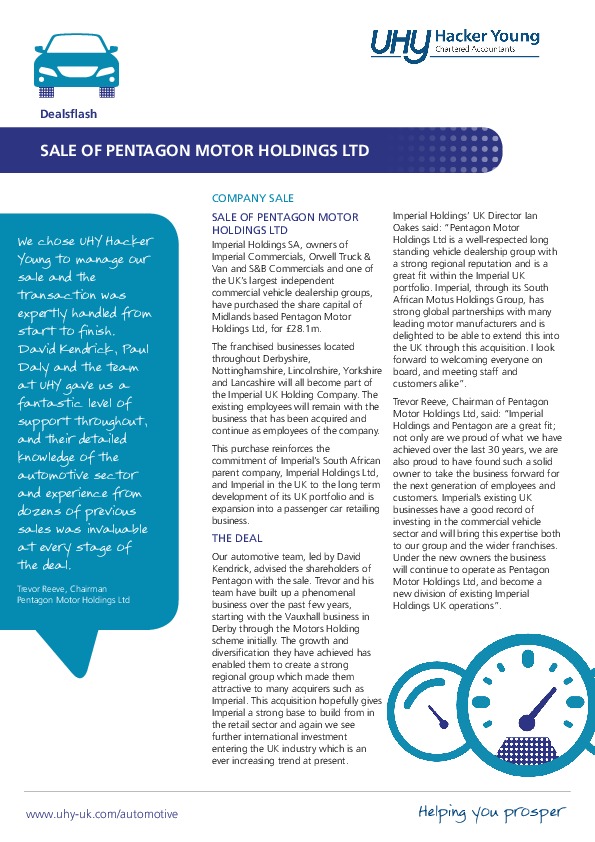 Company sale: Pentagon Motor Holdings Ltd
