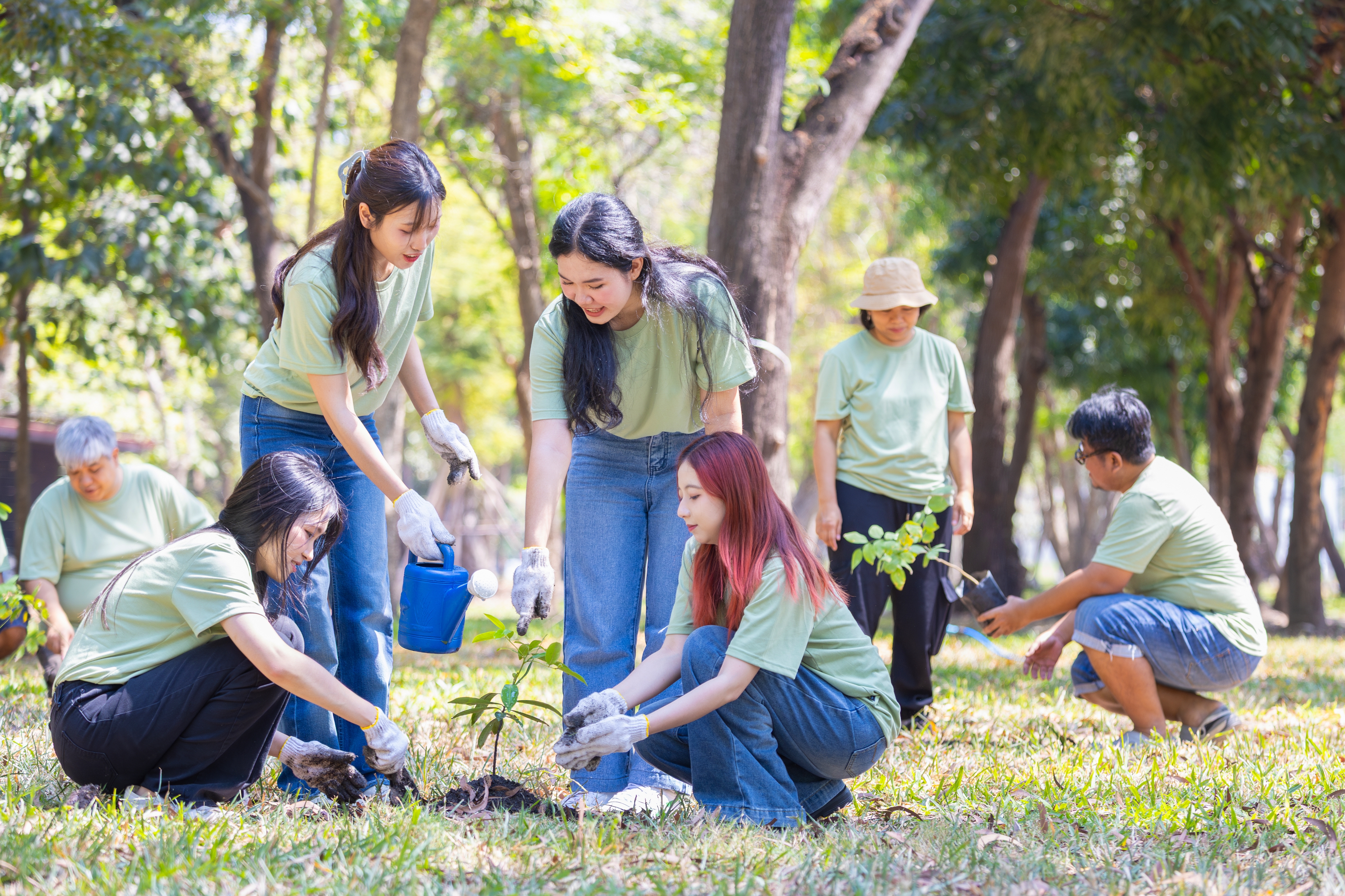 A group of diverse people in green shirts and jeans plants trees in a sunlit park. They appear engaged and joyful, contributing to environmental efforts.