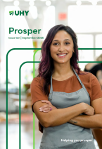 Front cover of UHY’s Prosper magazine, Issue Ten (September 2025). The cover features a smiling woman wearing a brown shirt and a grey apron, standing confidently with her arms crossed in a bright, modern workspace. The UHY logo appears at the top left, with the title “Prosper” and the tagline “Helping you prosper” displayed in green.