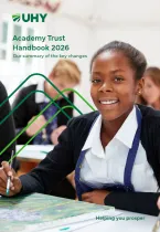 UHY Hacker Young Academy Trust Handbook 2026 report cover, featuring a secondary school pupil in school uniform working on an art project in a classroom, with other pupils visible in the background.