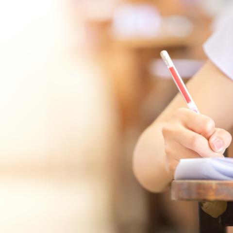 pupil writing in book