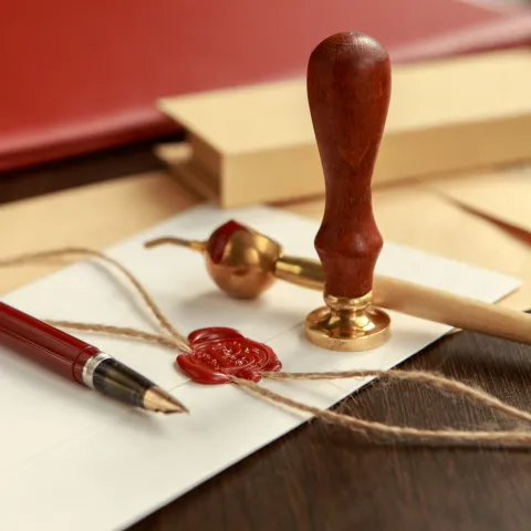 Notary's public pen and stamp on testament and last will.