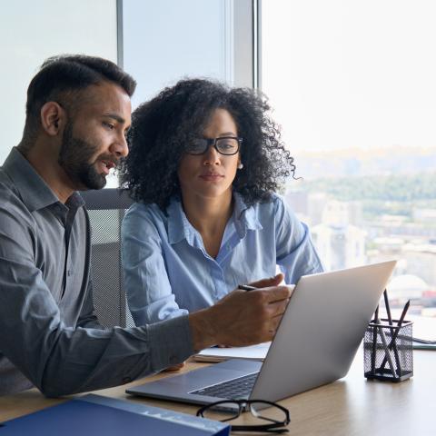 Mentor giving consultation on computer to client in a modern office space.