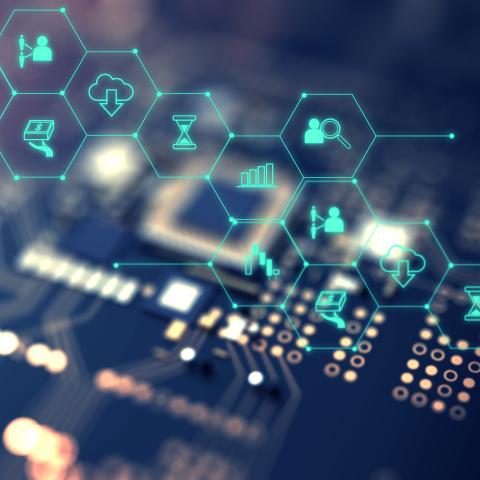 Visual representation of digital cloud accounting, blue icons on top of a an image of a computer chip.