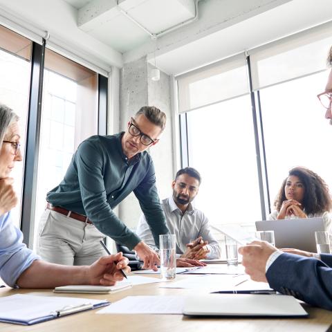 Male mature caucasian businessman with diverse coworkers in a meeting
