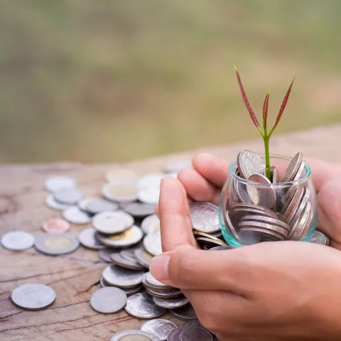 hand holding a pot of coins and a plant sprouting out of it