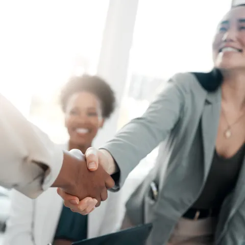 Business people, handshake and meeting for partnership, teamwork or collaboration in boardroom at office. Happy woman shaking hands in team recruiting, introduction or b2b agreement at the workplace