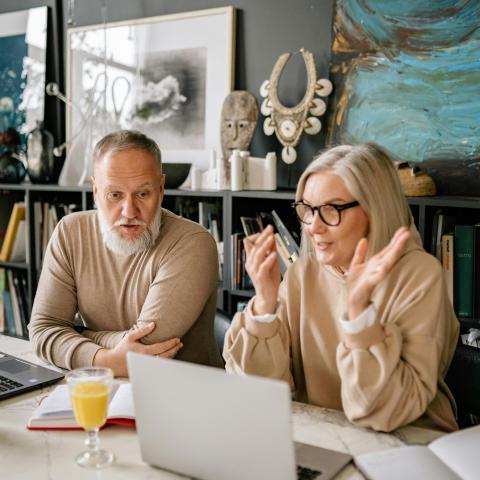 "An older man with a white beard and a woman with long gray hair and glasses are sitting at a marble table in a stylish, art-filled home office. They are both wearing beige sweaters and working on laptops. The woman gestures animatedly while speaking, and the man listens attentively with a thoughtful expression. The background features bookshelves filled with books, sculptures, and artwork.