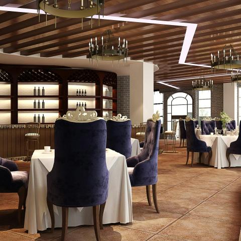 Elegant restaurant interior with luxurious dark blue velvet chairs around round tables covered in white tablecloths, warm wooden ceiling beams, chandeliers, and large windows allowing natural light to fill the space.