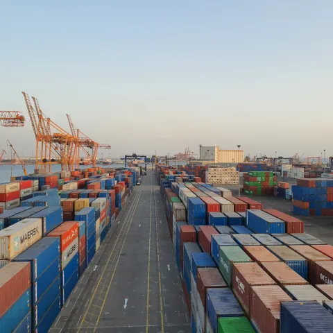 Elevated view of a busy container port at dusk, with long rows of stacked shipping containers from lines and tall orange gantry cranes on the waterfront to the left.