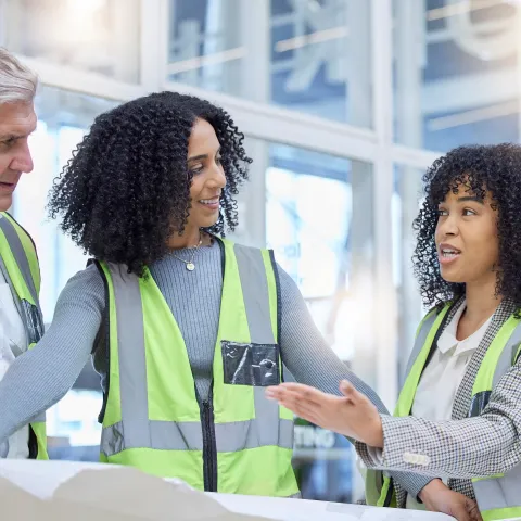 Three colleagues wearing high-visibility vests discuss plans laid out on a table, with one man holding a hard hat and papers, and the two women gesturing as they talk, set against a bright glass-walled interior.